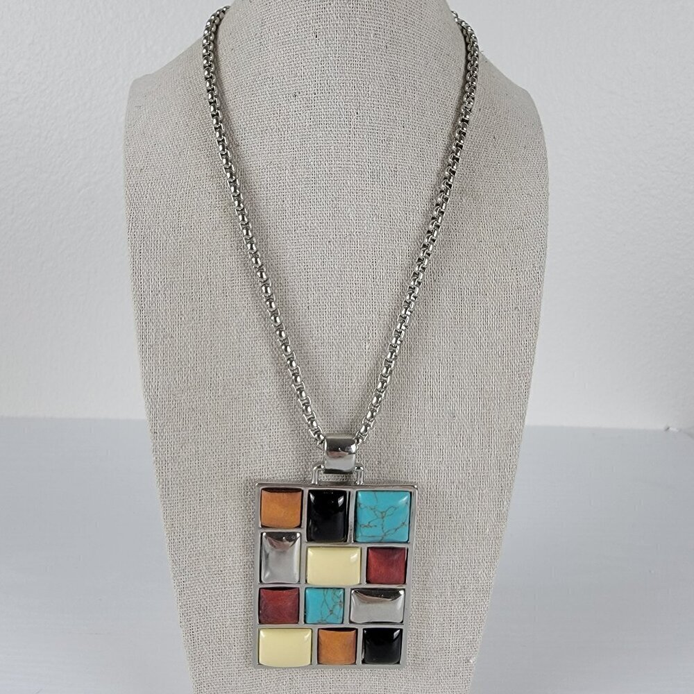 Multicolor Stone Cabochon Rectangle Statement Pen… - image 1